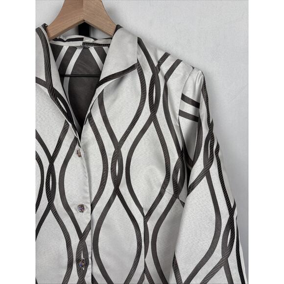 Connie Roberson Silk Geometric Print Blazer Jacket Medium White Jewel Buttons - Picture 2 of 13